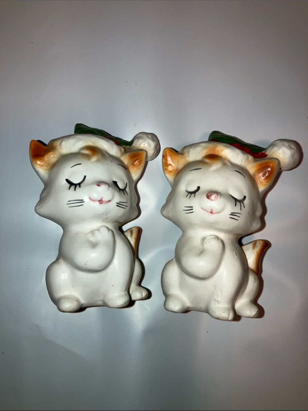 Vintage White Cat Holiday Figurines with Green and Orange Accents